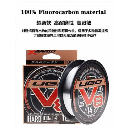 Original YGK X BRAID UGO V8 HARD 100% FLUROCARBON Fishing Line 100M #1-#5 4LB-20LB Super strength Japan QUALITY  fishing lines - Nex Fisher Hub