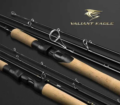 KastKing Valiant Eagle Passage Rod with cork handles and multiple sections displayed against a black background.