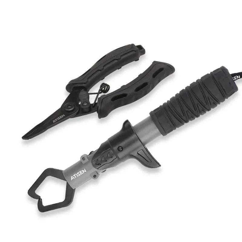 ATISEN Fishing Pliers and Fish Grip stainless steel 2-piece set with TPR handles.