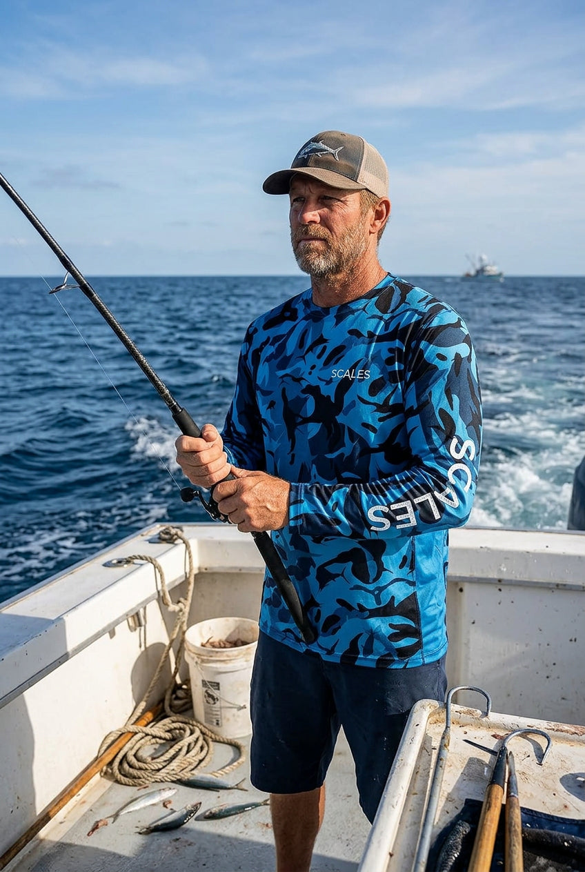 A long-sleeve crewneck shirt featuring a blue and black camouflage pattern, with the brand name 'SCALES' printed in white on the left chest and vertically down the right sleeve.