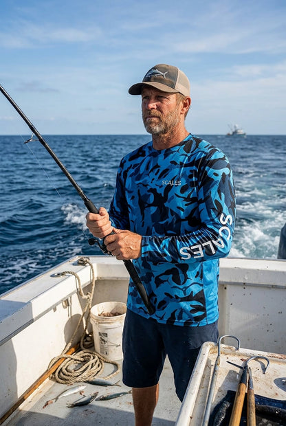 A long-sleeve crewneck shirt featuring a blue and black camouflage pattern, with the brand name 'SCALES' printed in white on the left chest and vertically down the right sleeve.