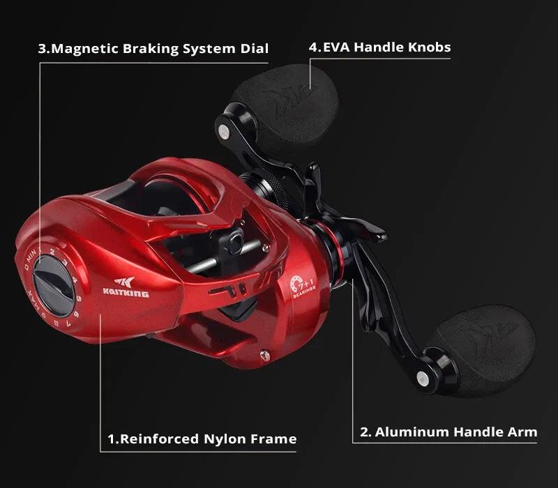 KastKing Spartacus II Baitcasting Reel with nylon frame, aluminum handle arm, magnetic braking system, and EVA handle knobs.