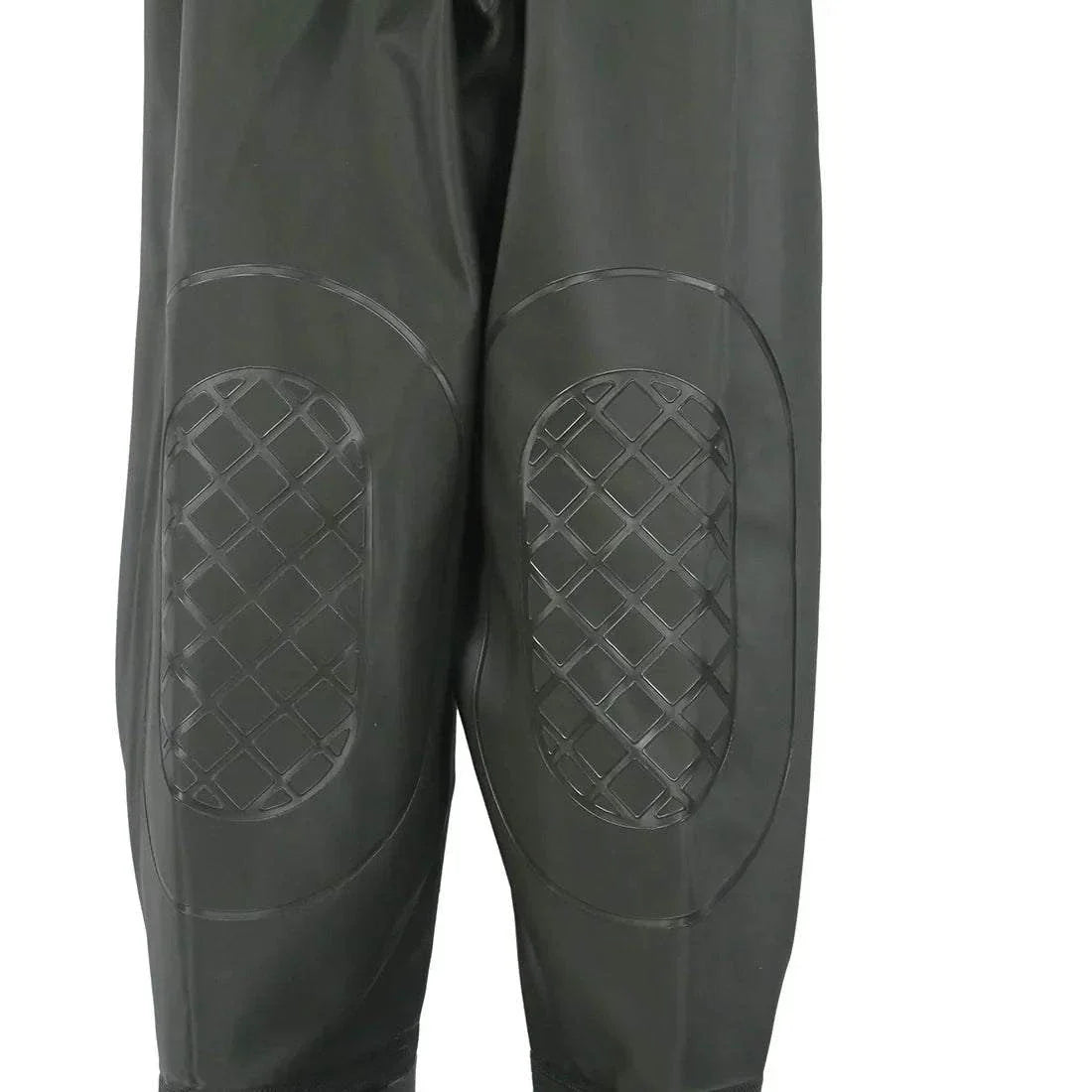 Fishing waders with reinforced knee pads in durable PVC material.