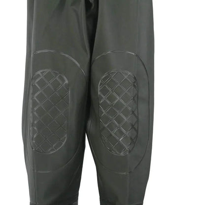 Fishing waders with reinforced knee pads in durable PVC material.