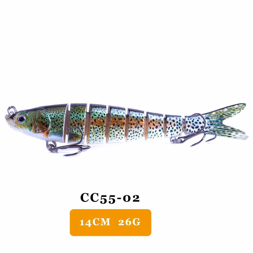 AYWFISH Multi Jointed Swimbait CC55-02, lifelike 14cm fishing lure with multi-joints and sharp treble hooks.