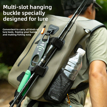 Backpack with multi-slot hanging buckle designed for lure tools, with a person fishing in the background.