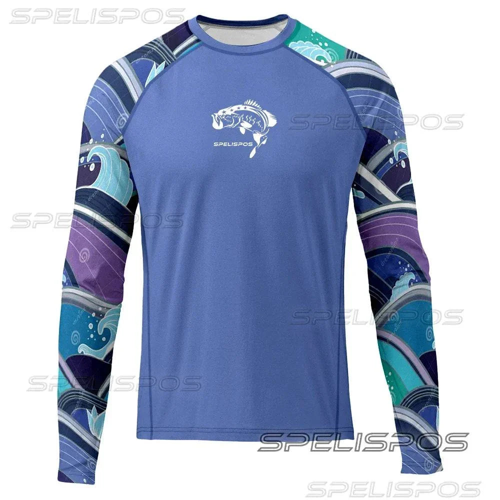 Men's long-sleeve fishing shirt with UPF 50+ sun protection, featuring a blue and patterned sleeve design.