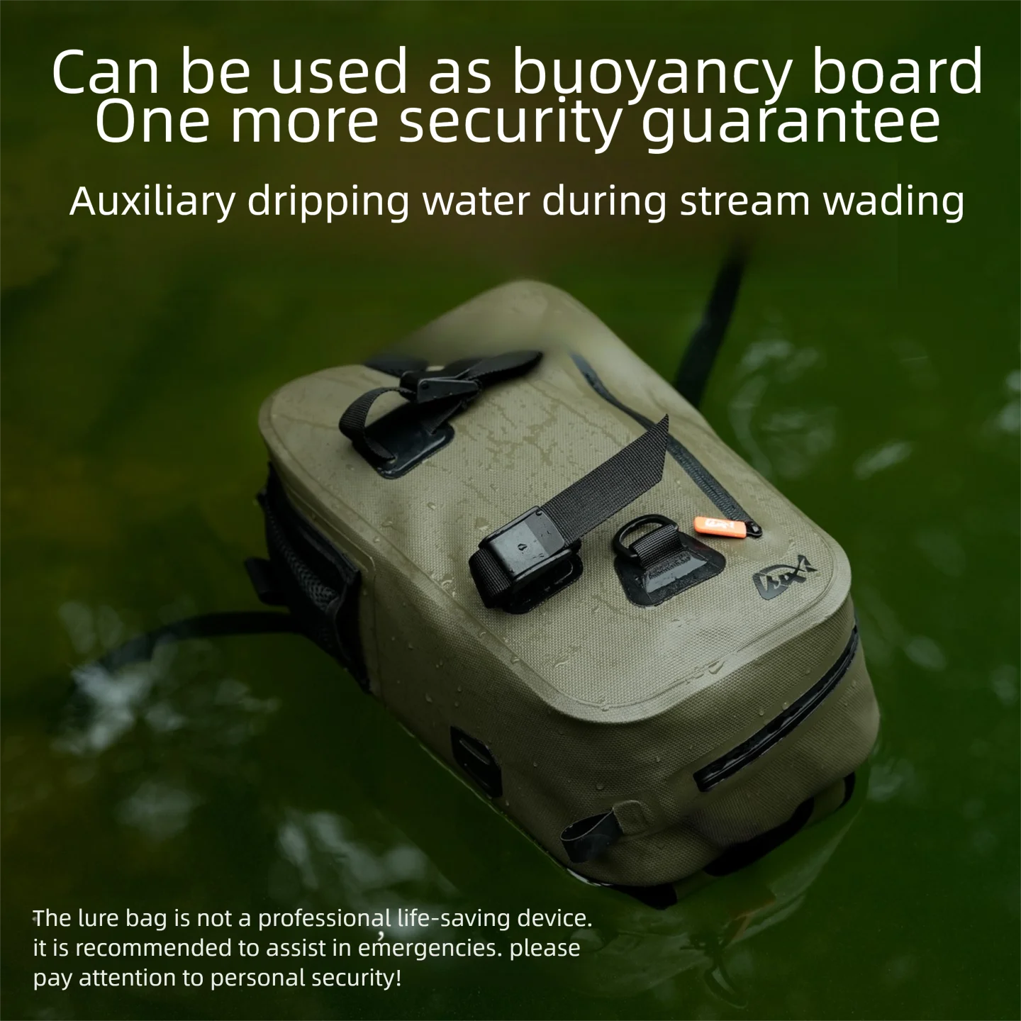 Lure bag with text about buoyancy and security during stream wading
