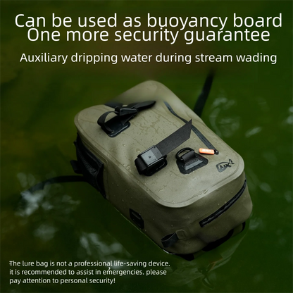 Lure bag with text about buoyancy and security during stream wading