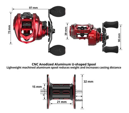 KastKing Spartacus II Baitcasting Reel dimensions and CNC anodized aluminum U-shaped spool for reduced weight and increased casting distance.