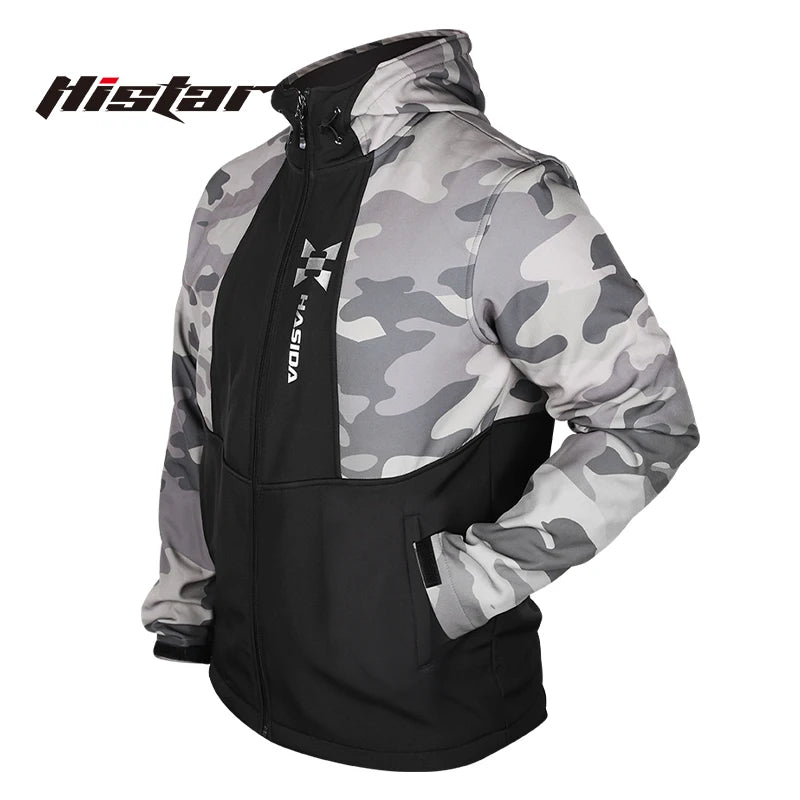 Camouflage jacket with black accents on a white background, featuring the Histar brand.