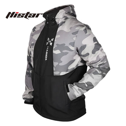 Camouflage jacket with black accents on a white background, featuring the Histar brand.