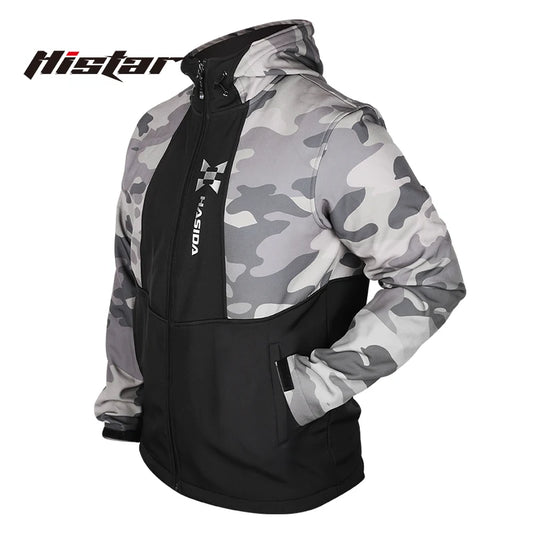 Camouflage jacket with black accents on a white background, featuring the Histar brand.