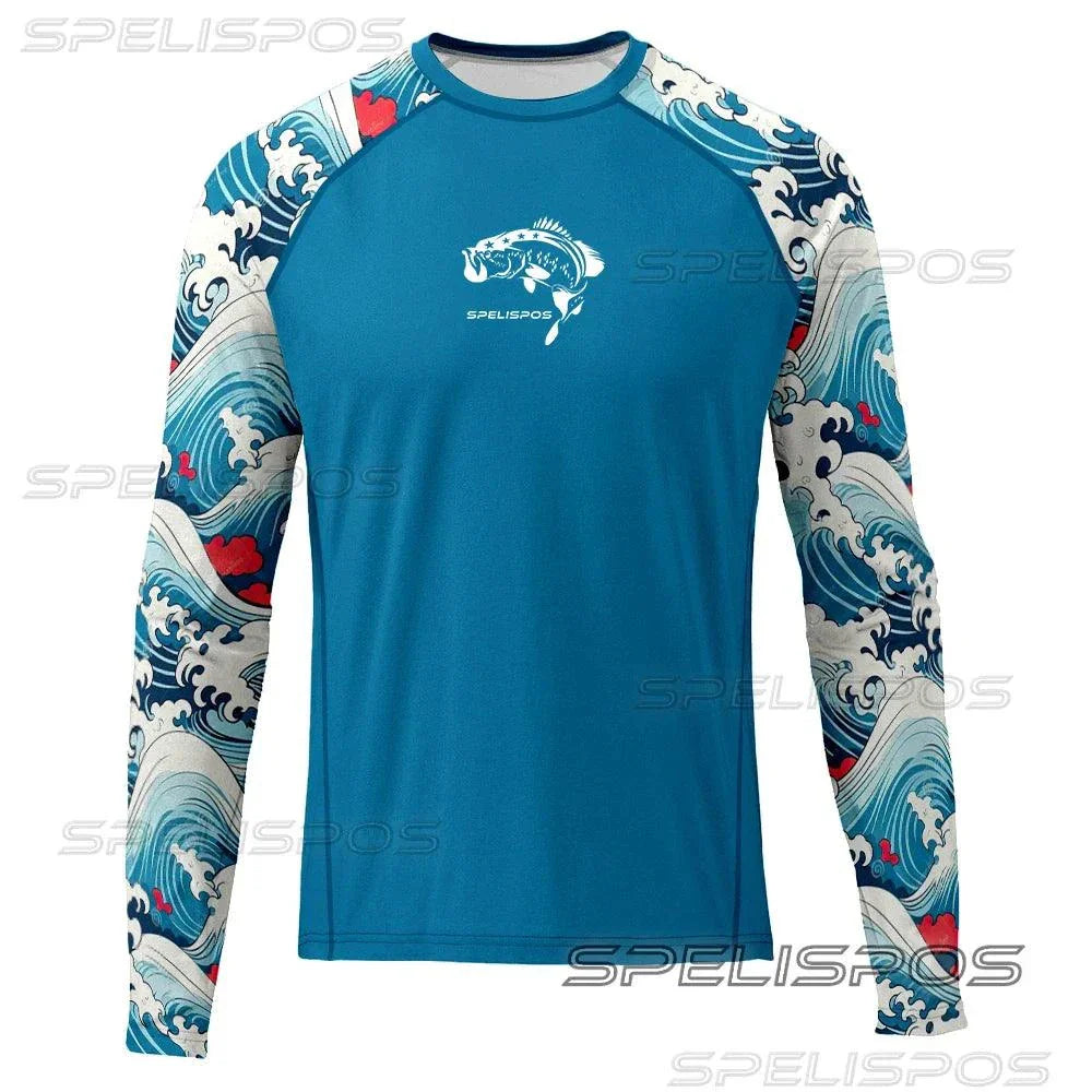 SPELISPOS Men's Long-Sleeve Fishing Shirt with ocean wave design and UPF 50+ sun protection.