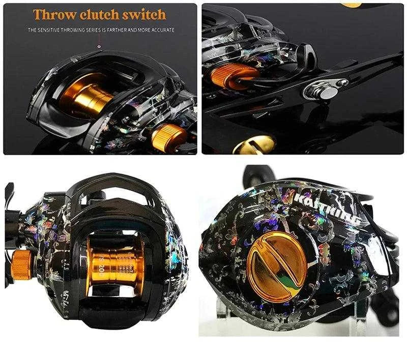 KastKing baitcast fishing reel with throw clutch switch and multi-color design.