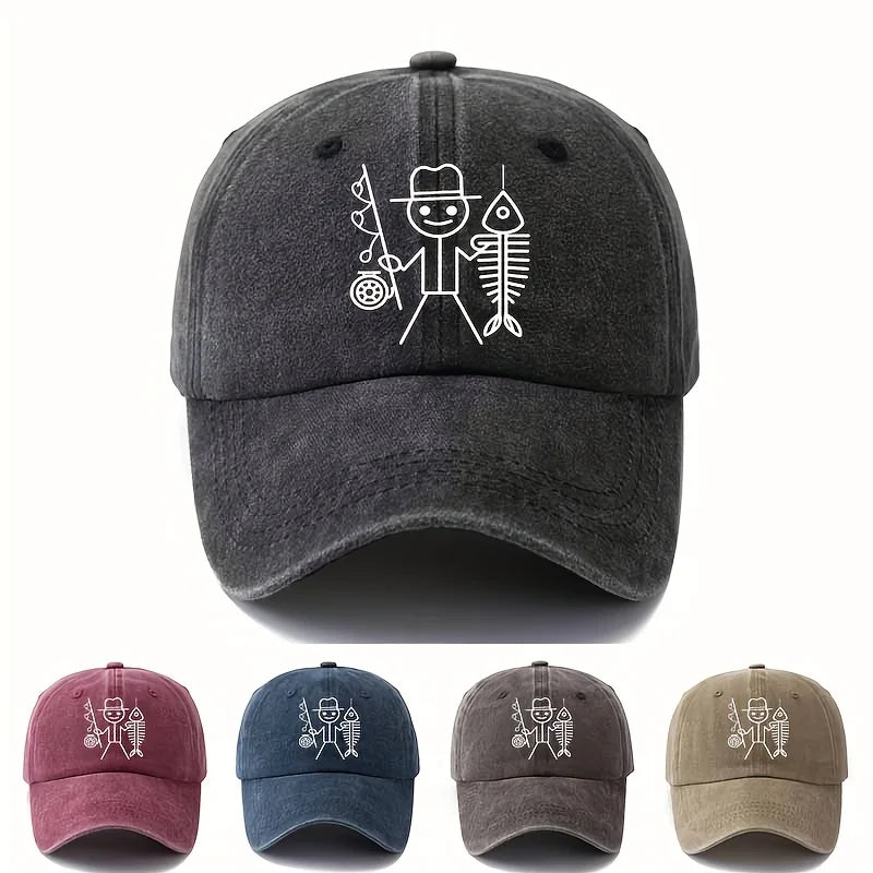 Cartoon Fisherman Baseball Cap: Printed Curved Brim Trucker Hat