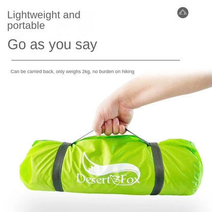 Green rolled-up mat with Desert Fox logo held by a hand, text about weight and portability.