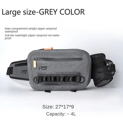 Gray waist bag with text detailing features and specifications on a white background
