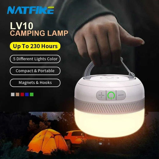 NATFIRE LV10 camping lamp, 230-hour battery, 5 light colors, compact design, outdoor use.