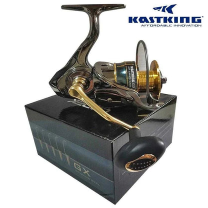 KastKing CODEK GX Series spinning reel with pre-spooled line on box, ideal for beginners.