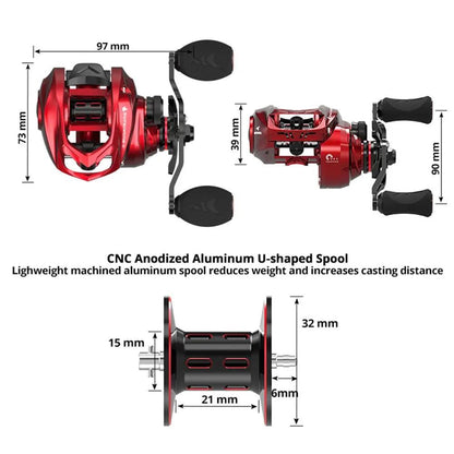 KastKing Spartacus II Baitcasting Reel with CNC anodized aluminum U-shaped spool, showing dimensions and lightweight design.