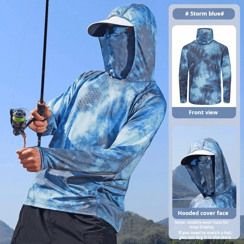 Person wearing a blue hooded cover face while fishing with a clear blue sky background