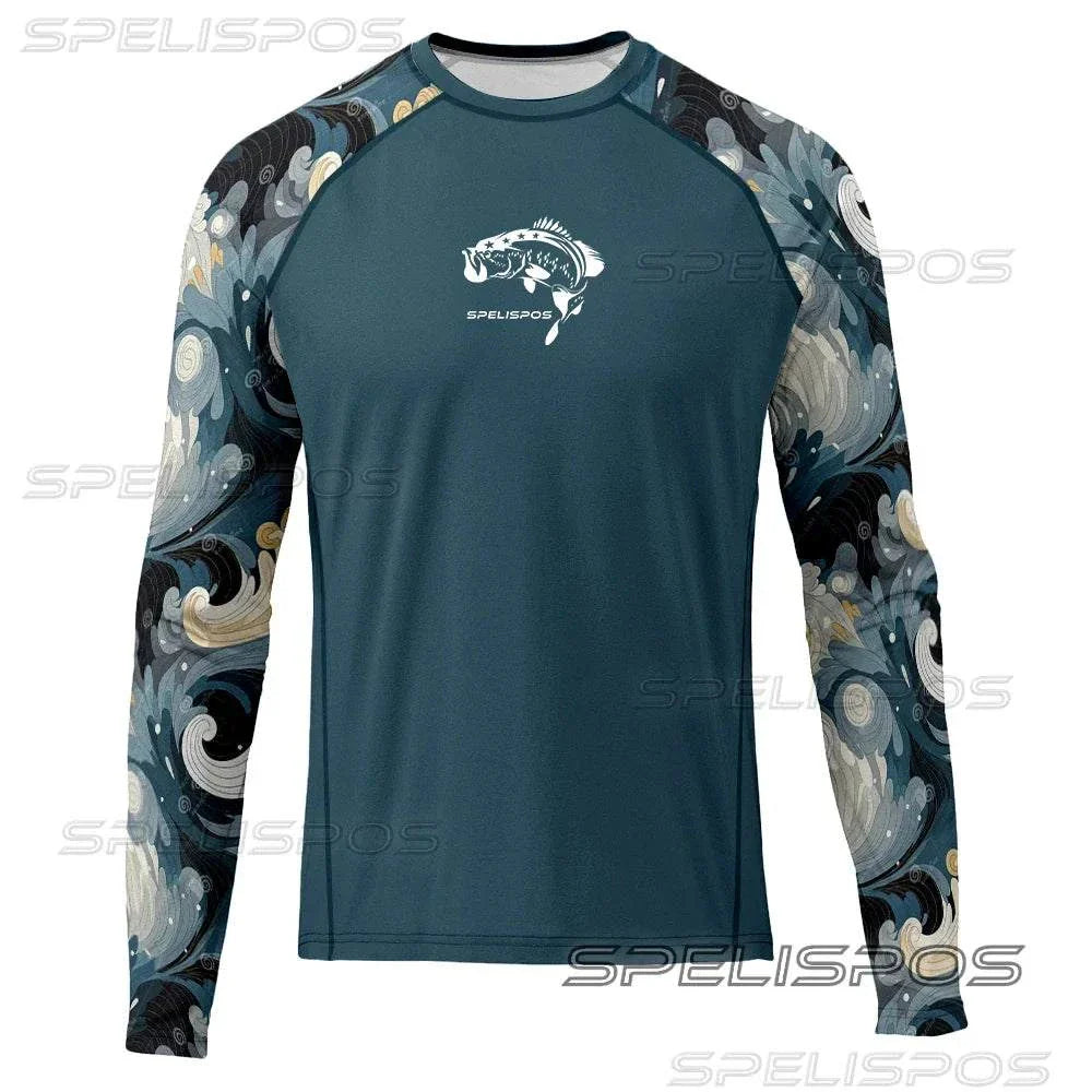 Men's fishing shirt with sun protection, long sleeves, breathable fabric, blue patterned design.