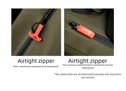 Two views of a green bag with an airtight zipper, one showing the main compartment and the other showing the auxiliary compartment.