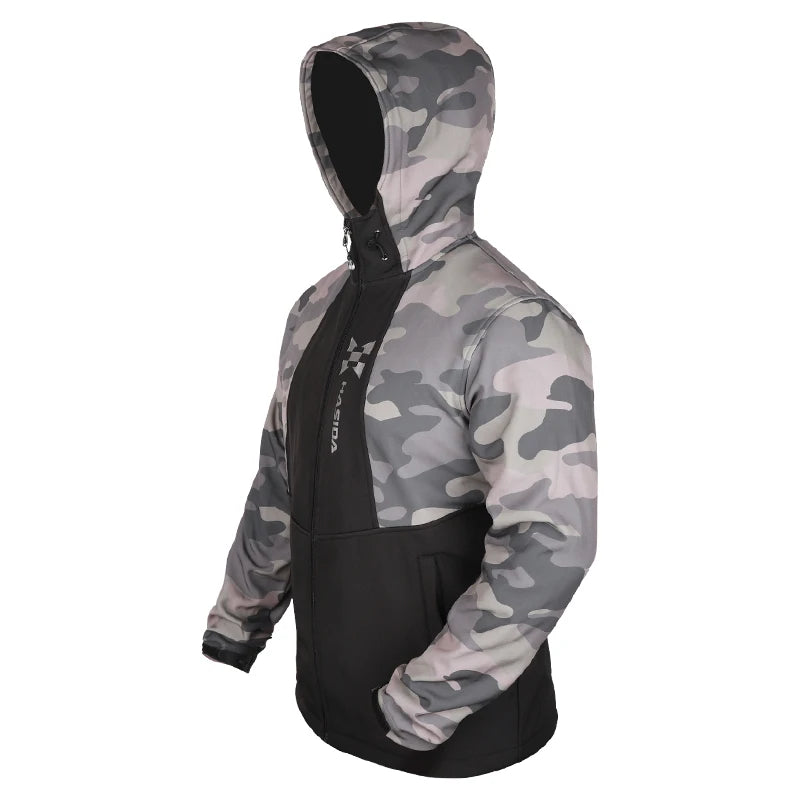 Camouflage hoodie with black accents on a white background