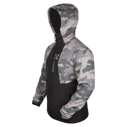 Camouflage hoodie with black accents on a white background