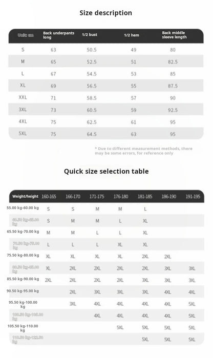 Size description chart for back underpants with measurements and weight categories.