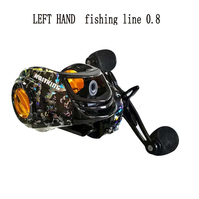 KASTKING baitcast fishing reel, left-hand design with 0.8 fishing line, alloy body, EVA grip.