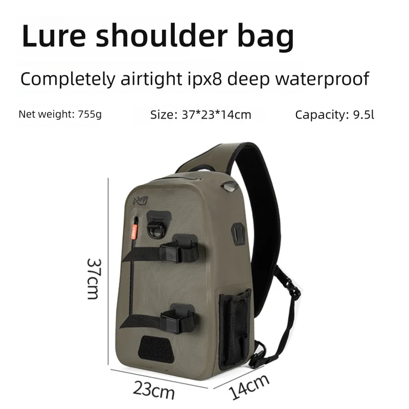 Lure shoulder bag with dimensions and features on a white background