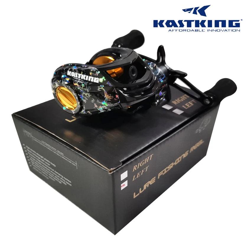 KastKing baitcast fishing reel with alloy body and 7.2:1 gear ratio on display box.