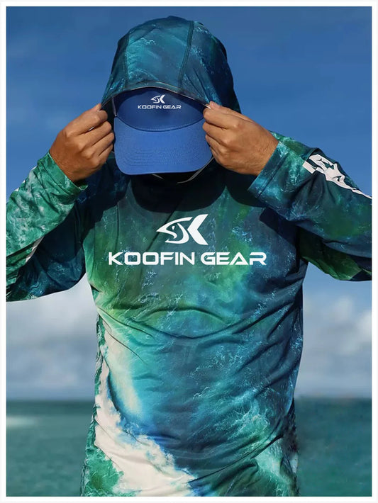 Koofin Gear high-performance hooded fishing shirt with UPF 50+ sun protection.