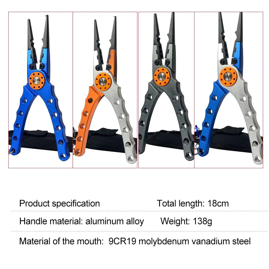 Multifunctional fishing pliers with aluminum alloy handles and colorful designs, 18cm long, 138g, 9CR19 molybdenum vanadium steel.