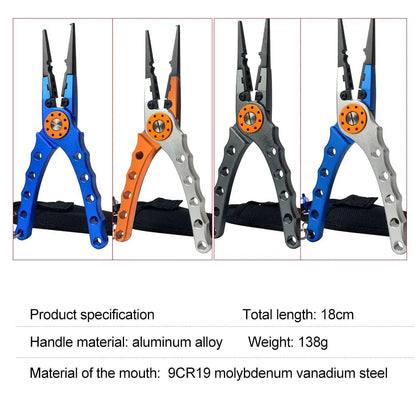 Multifunctional fishing pliers with aluminum alloy handles and colorful designs, 18cm long, 138g, 9CR19 molybdenum vanadium steel.