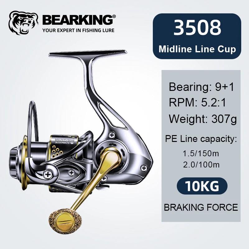 BEARKING Alpha All Metal Spinning Reel with 3508 midline cup, 10kg braking force, and 307g weight.