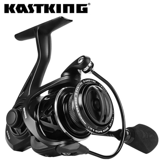 KastKing Zephyr ultra light spinning reel in sleek black design, featuring CNC aluminum spool and ergonomic handle.