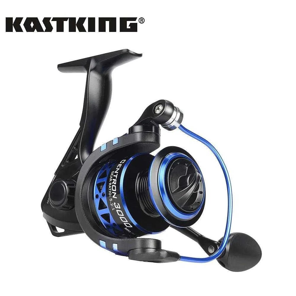 KastKing Centron & Summer Spinning Reel, black and blue design, lightweight, suitable for fresh and saltwater fishing.